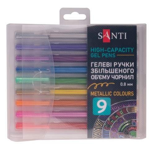 Набір гелевих ручок збільшеного об'єму чорнила SANTI Metallic 9 штук