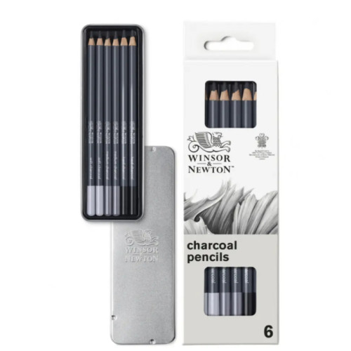 Набір вугільних олівців Winsor Newton Charcoal Pencil, 6 шт, в металі