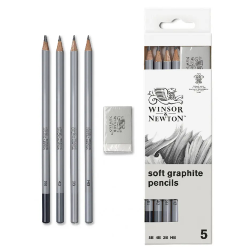 Набір графітних олівців Winsor Newton Graphite Pencil Soft, 5 шт. + гумка, в блістері