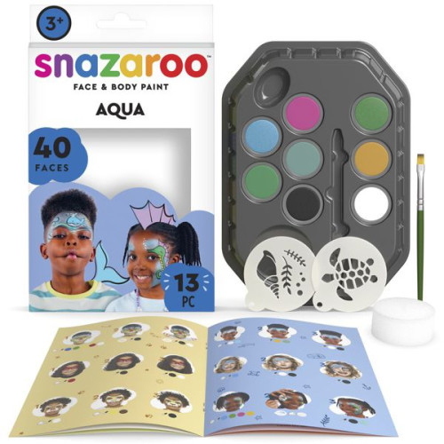 Набір для гриму Snazaroo Underwater (Aqua): 8 кольорів, 1 губка, 1 пензлик, 2 трафарети, буклет