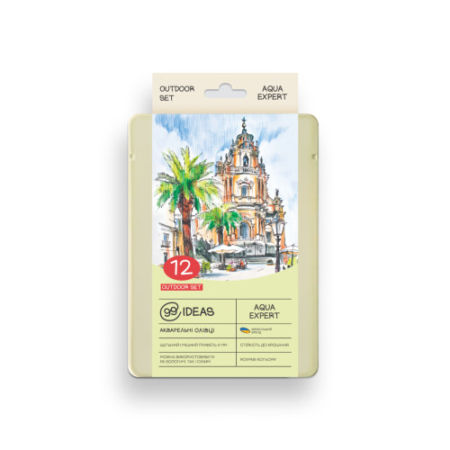 Набор акварельных карандашей Outdoor Set, 99IDEAS Aqua Expert 12 цветов, металл. коробка