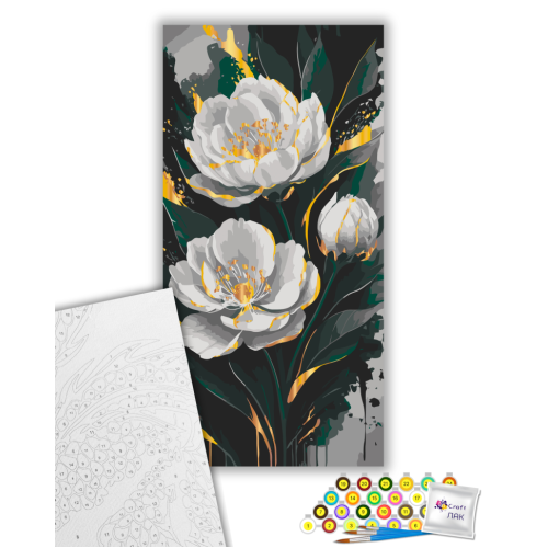 Картина по номерам с металлическими красками Золото пионов 13159-AC, 40х80 см Картина по номерам с металлическими красками Золото пионов 13159-AC, 40х80 см