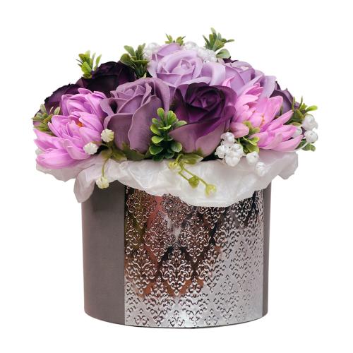 Композиція Люкс Аметист із квітами з мильної пінки у капелюшній коробці, 200x200x190 мм