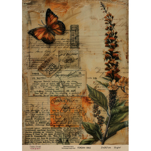 Декупажная карта на крафт бумаге 21x29,7см, Ботаника Винтаж , №0062