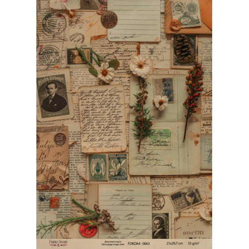 Декупажная карта на крафт бумаге 21x29,7см, Ботаника Винтаж , №0063