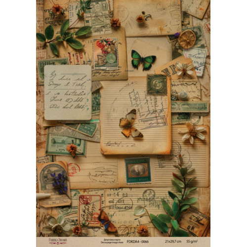 Декупажная карта на крафт бумаге 21x29,7см, Ботаника Винтаж , №0066