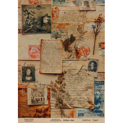 Декупажная карта на крафт бумаге 21x29,7см, Ботаника Винтаж , №0068