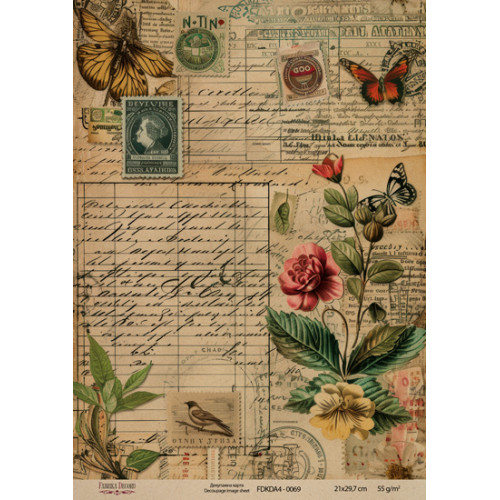 Декупажная карта на крафт бумаге 21x29,7см, Ботаника Винтаж , №0069
