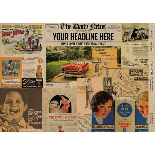 Декупажная карта на крафт бумаге 29,7x21см, Retro Collage , №0073