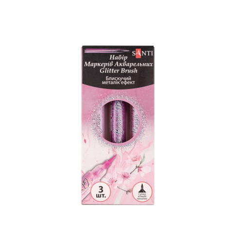 Набір маркерів акварельних SANTI Glitter Brush, відтінки рожевого, 3 шт/уп Набір маркерів акварельних SANTI Glitter Brush, відтінки рожевого, 3 шт/уп