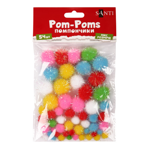 Помпоны с люрексом голографическим цветные микс размеров d-8мм 12мм 20мм 54 шт/уп, SANTI