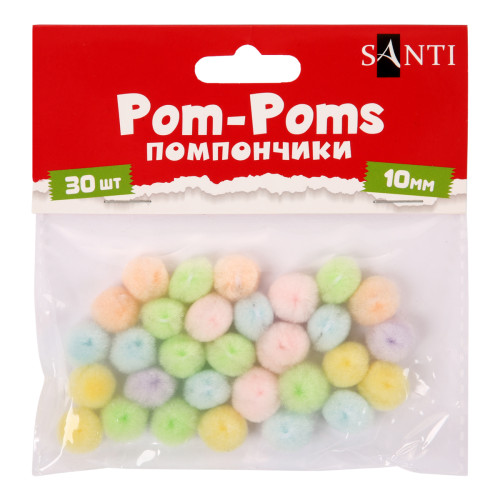 Помпоны пастельные цвета ассорти акрил d 10мм 30 шт/уп, SANTI