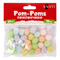 Помпони пастельні кольори асорті акрил d 15 мм 30 шт/уп, SANTI