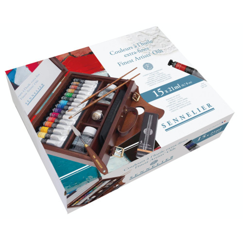 Набор масляных красок Sennelier, 15 по 21 мл + аксессуары в деревянной коробке Набор масляных красок Sennelier, 15 по 21 мл + аксессуары в деревянной коробке