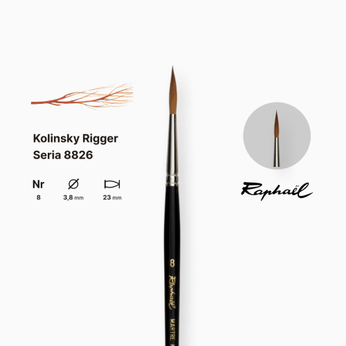 Кисть колонок длинная заостренная Raphael Kolinsky Rigger, №8, короткая ручка Кисть колонок длинная заостренная Raphael Kolinsky Rigger, №8, короткая ручка
