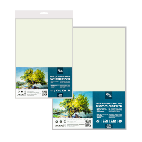 Бумага для акварели (пакет) А4 21х29,7см 220-200г/м2 20л Среднее и Мелкое зерно ROSA Studio Бумага для акварели (пакет) А4 21х29,7см 220-200г/м2 20л Среднее и Мелкое зерно ROSA Studio