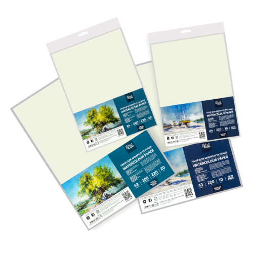 Бумага для акварели (пакет) А4 21х29,7см 220-200г/м2 20л Среднее и Мелкое зерно ROSA Studio Бумага для акварели (пакет) А4 21х29,7см 220-200г/м2 20л Среднее и Мелкое зерно ROSA Studio