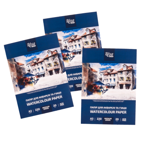Папка бумаги для акварели А3 29,7х42см 220г/м2 20л Среднее зерно ROSA Studio Папка бумаги для акварели А3 29,7х42см 220г/м2 20л Среднее зерно ROSA Studio