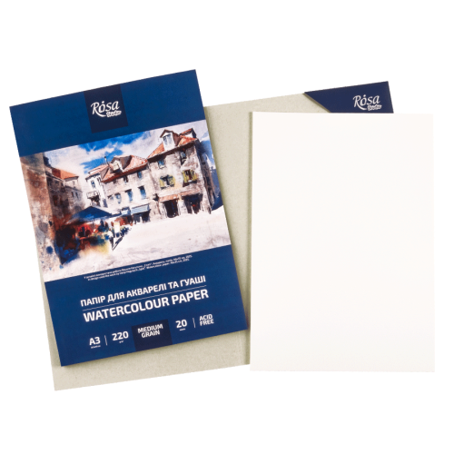 Папка бумаги для акварели А3 29,7х42см 220г/м2 20л Среднее зерно ROSA Studio Папка бумаги для акварели А3 29,7х42см 220г/м2 20л Среднее зерно ROSA Studio