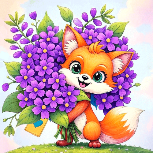 Холст хлопок на ХДФ с контуром Лисичка с цветами 20x20, акриловый грунт, Arteo