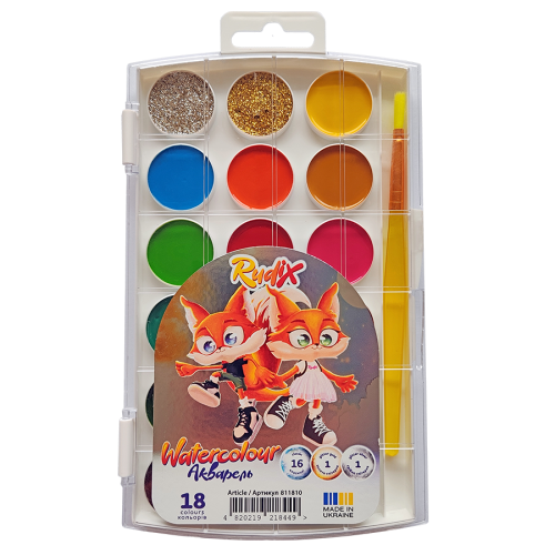 Набор акварельных красок +золото и серебро с кистью 18 шт, Rudix
