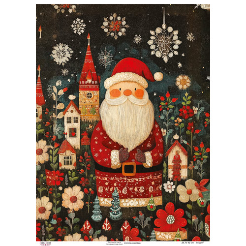 Декупажная карта Дед Мороз на темном фоне, №0860, 29,7x42см