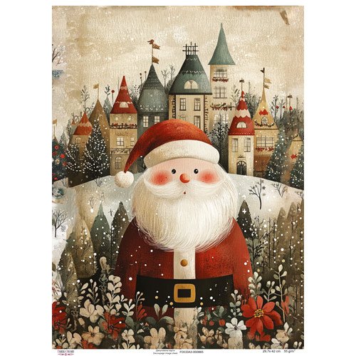 Декупажная карта Санта Клаус на фоне домов, №0865, 29,7x42см