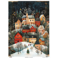 Декупажная карта Зимняя деревня вечером, №0869, 29,7x42см