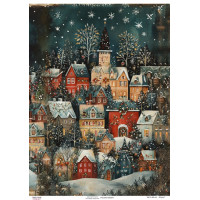 Декупажная карта Зимняя деревня вечером-1, №0870, 29,7x42см