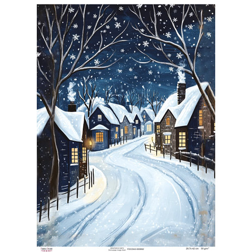 Декупажная карта Зимняя ночь в деревне, №0892, 29,7x42см