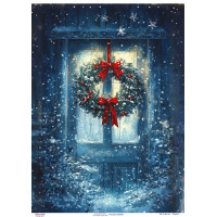 Декупажная карта Рождественский венок на двери, №0893, 29,7x42см