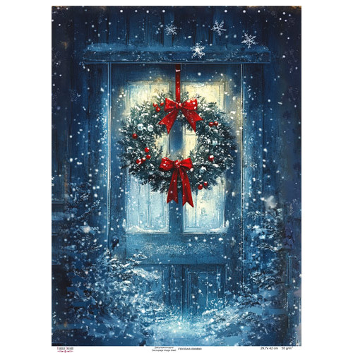 Декупажная карта Рождественский венок на двери, №0893, 29,7x42см