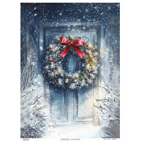 Декупажна картка Різдвяний вінок на засніжених дверях, №0896, 29,7×42 см  