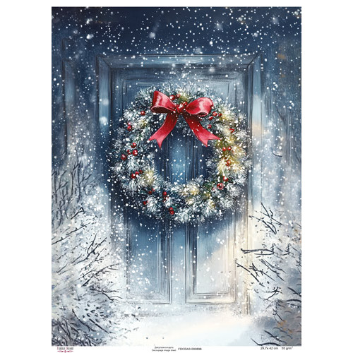 Декупажная карта Рождественский венок на заснеженной двери, №0896, 29,7x42см