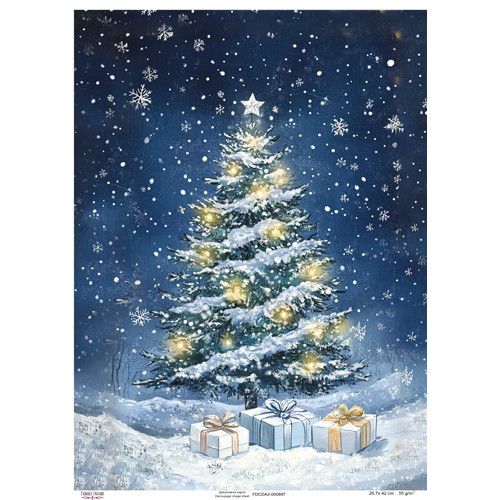 Декупажная карта Елка с гирляндой в ночном лесу, №0897, 29,7x42см