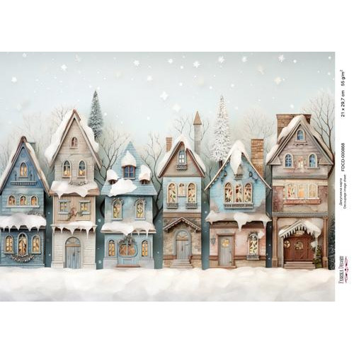 Декупажная карта Рождественские домики-018 №000868, 21см x 29,7см