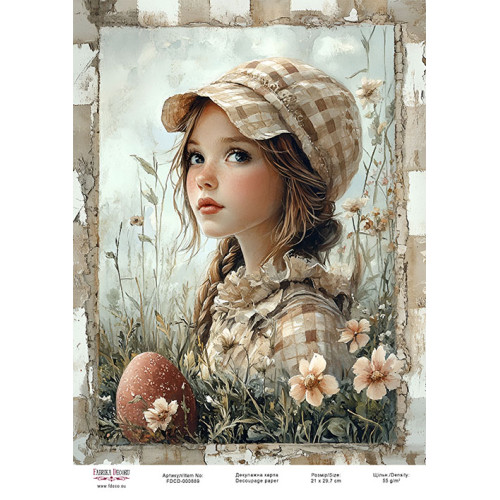 Декупажная карта Девочка в цветах №000888, 21см x 29,7см