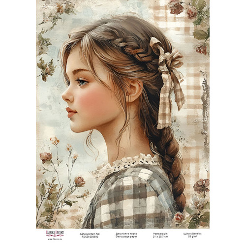 Декупажная карта Девочка в цветах-02 №000892, 21см x 29,7см