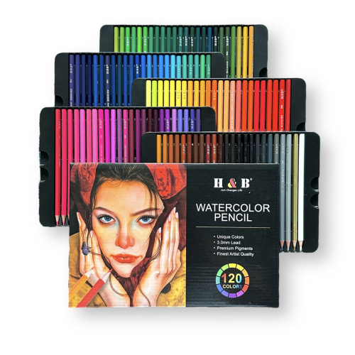 Великий набір водорозчинних кольорових олівців 120 кольорів HB, металевий пенал  