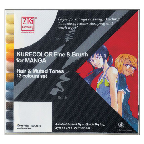 Набір маркерів матові тони ZIG Kurecolor Fine & Brush for Manga, 12 шт  
