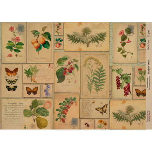 Декупажная карта на крафт бумаге 21x29,7см, Ботаника Винтаж, №0083