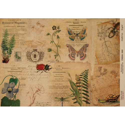 Декупажная карта на крафт бумаге 21x29,7см, Ботаника Винтаж, №0089