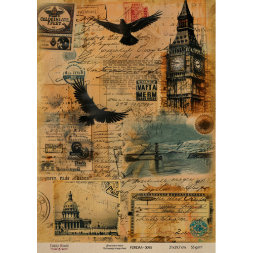 Декупажная карта на крафт бумаге 21x29,7см, Travels, №0095