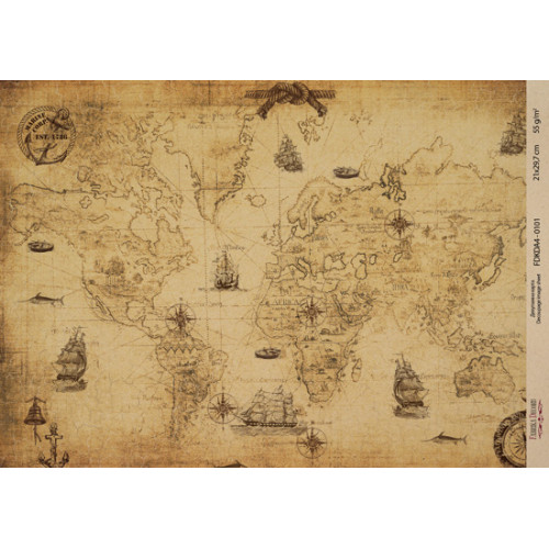 Декупажная карта на крафт бумаге 21x29,7см, Travels, №00101