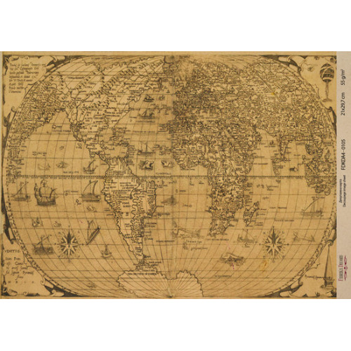 Декупажная карта на крафт бумаге 21x29,7см, Vintage world map, №00105