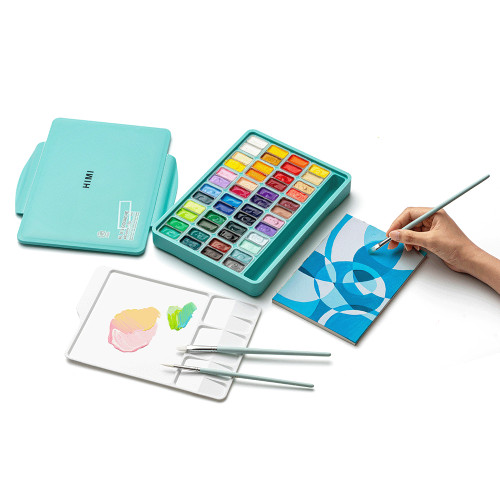 Набор гуашевых красок HIMI Twin Cup 48x12 мл, 3 кисти, зеленый пластиковый пенал