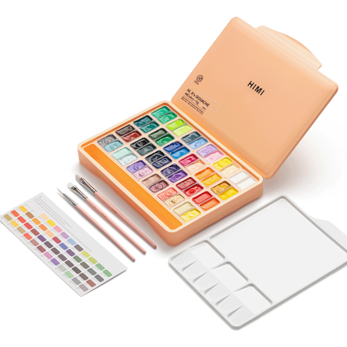 Набор гуашевых красок HIMI Twin Cup 48x12 мл, 3 кисти, персиковый пластиковый пенал