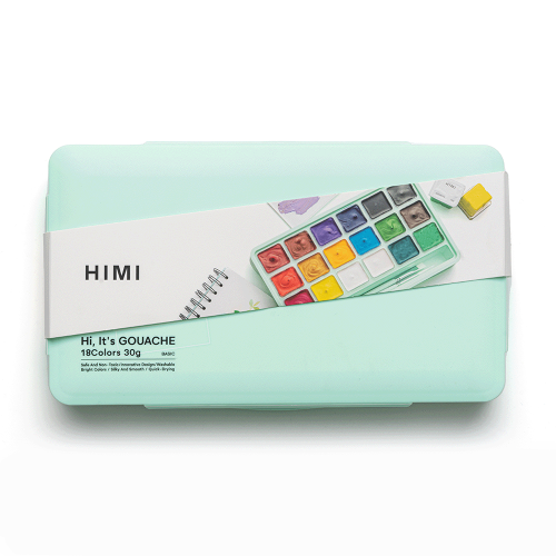 Набор гуашевых красок HIMI Jelly Cup 18x30 мл, 3 кисти, зеленый пластиковый пенал