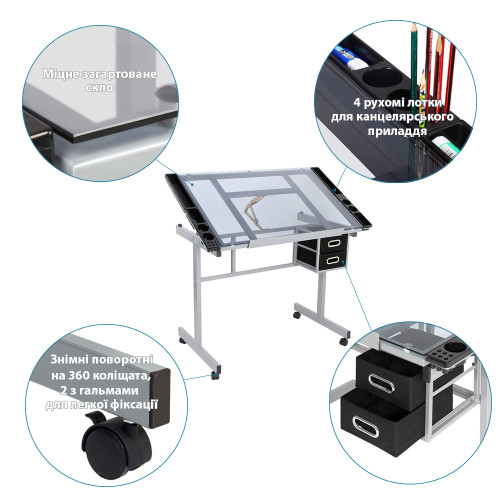 Стол художественный SINOART, 104x60x75 см, закаленное стекло, регулируемый угол наклона Стол художественный SINOART, 104x60x75 см, закаленное стекло, регулируемый угол наклона