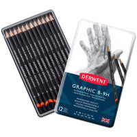 Набір графітних олівців Graphic Hard, 12 шт (B-9H), в метал. коробці, Derwent